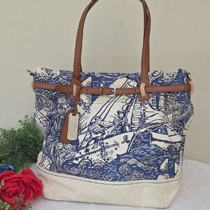 Lauren Ralph Lauren Nautical Sailors Canvas Leather Crossbody Satchel Purse Bag